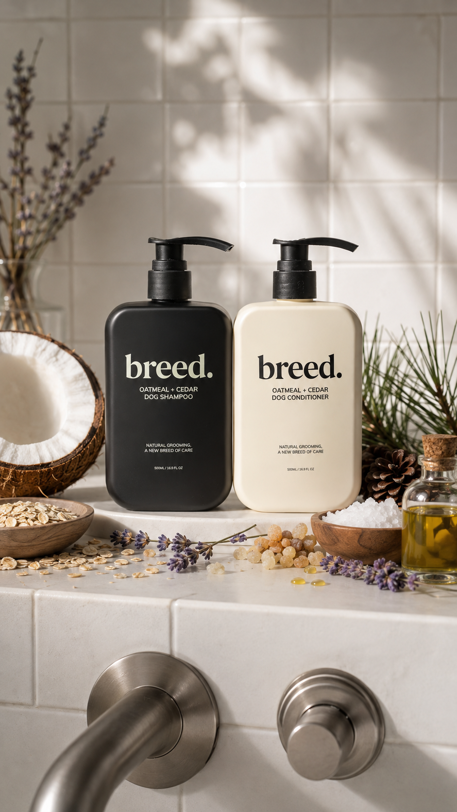 breed oatmeal + cedar dog shampoo and conditioner with natural ingredients