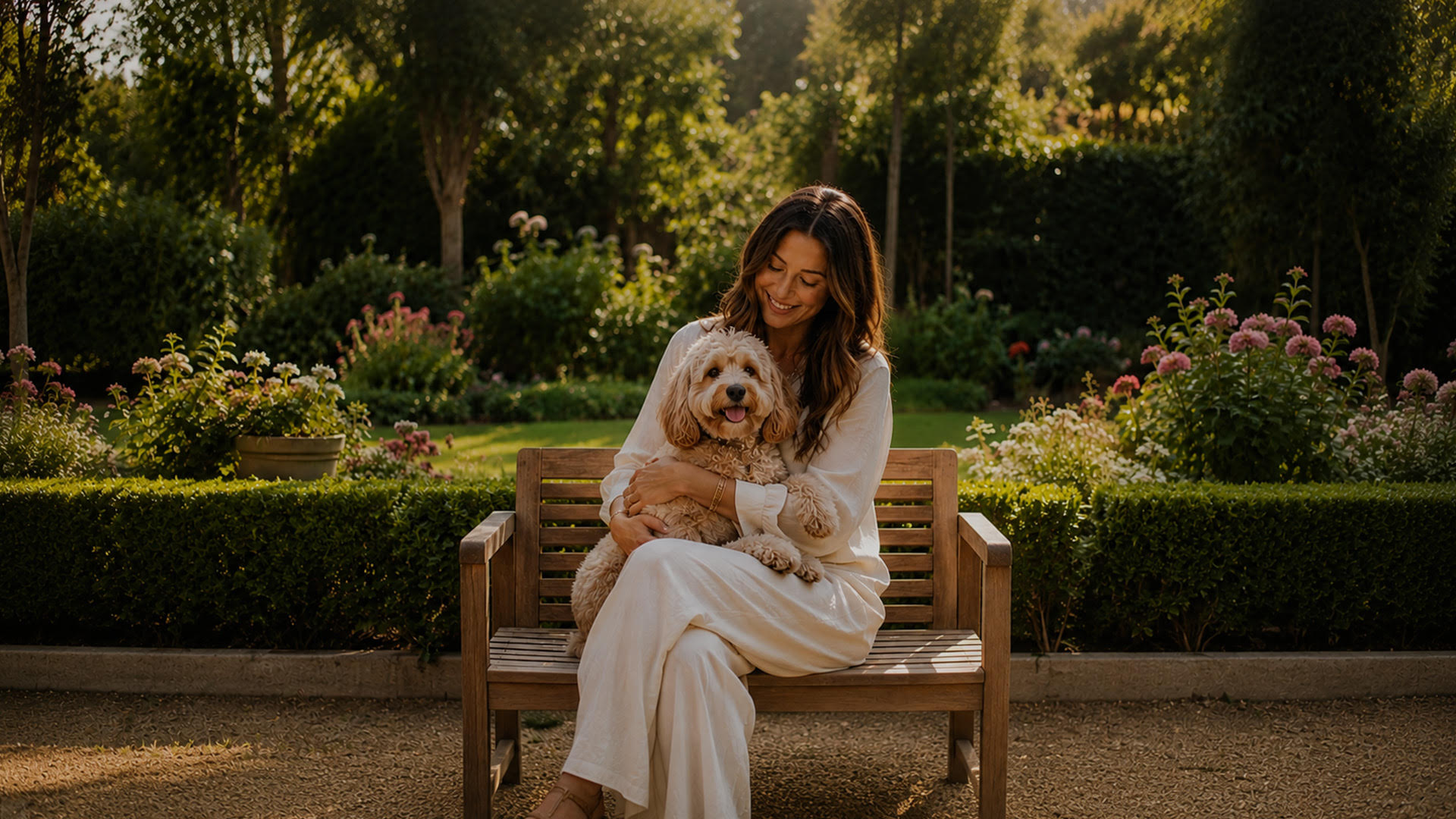Woman cuddling her cavoodle on a garden bench