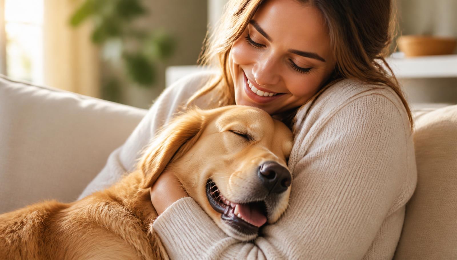 A happy dog being cuddled by its owner, relaxed and content